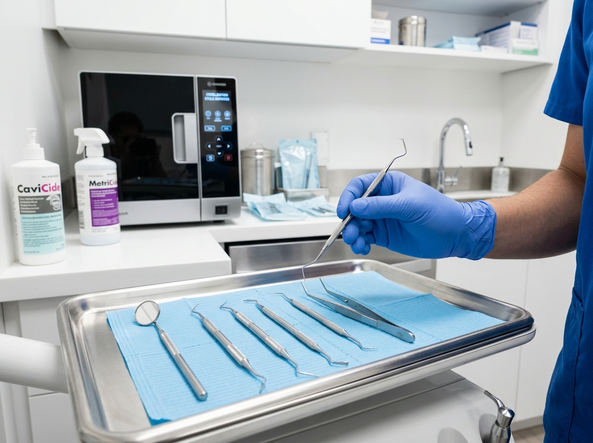Sterilized dental instruments and modern clinic sterilization equipment at Dental Care, Khagaria