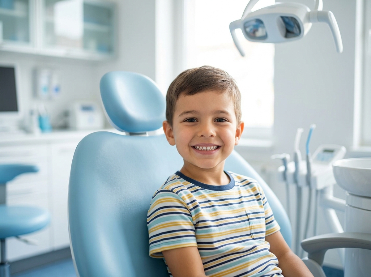Happy child smiling in pediatric dental chair at Dental Care Khagaria