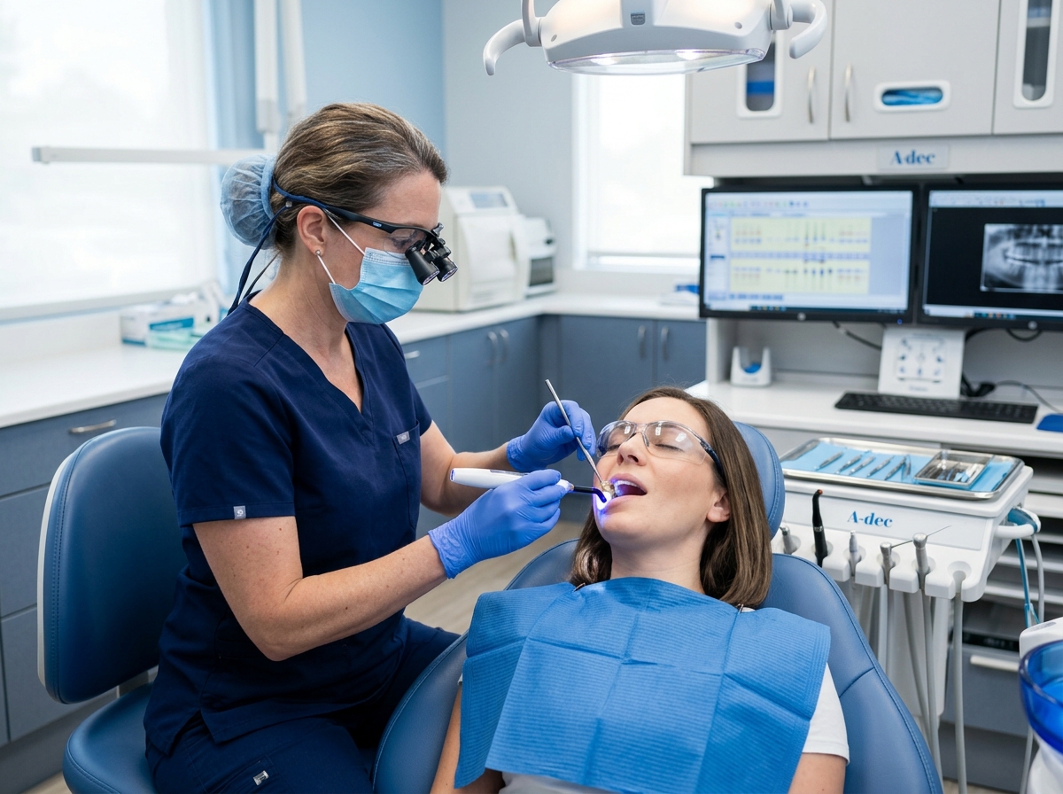 Dentist performing dental filling procedure on patient at Dental Care Khagaria