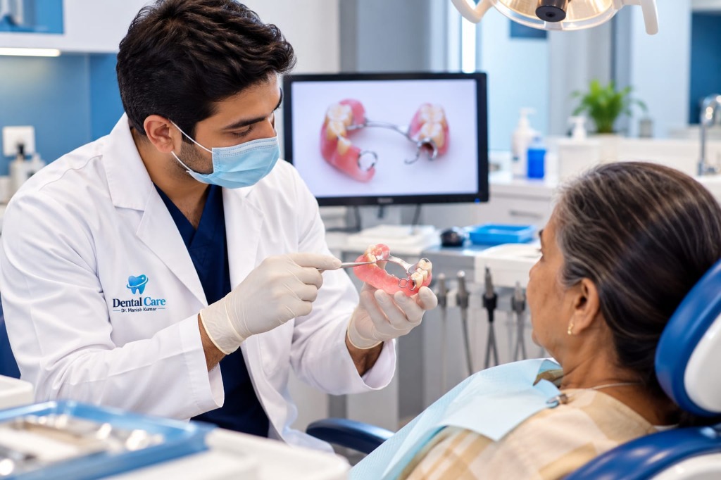 Dentist examining and explaining removable partial denture to patient at Dental Care Khagaria